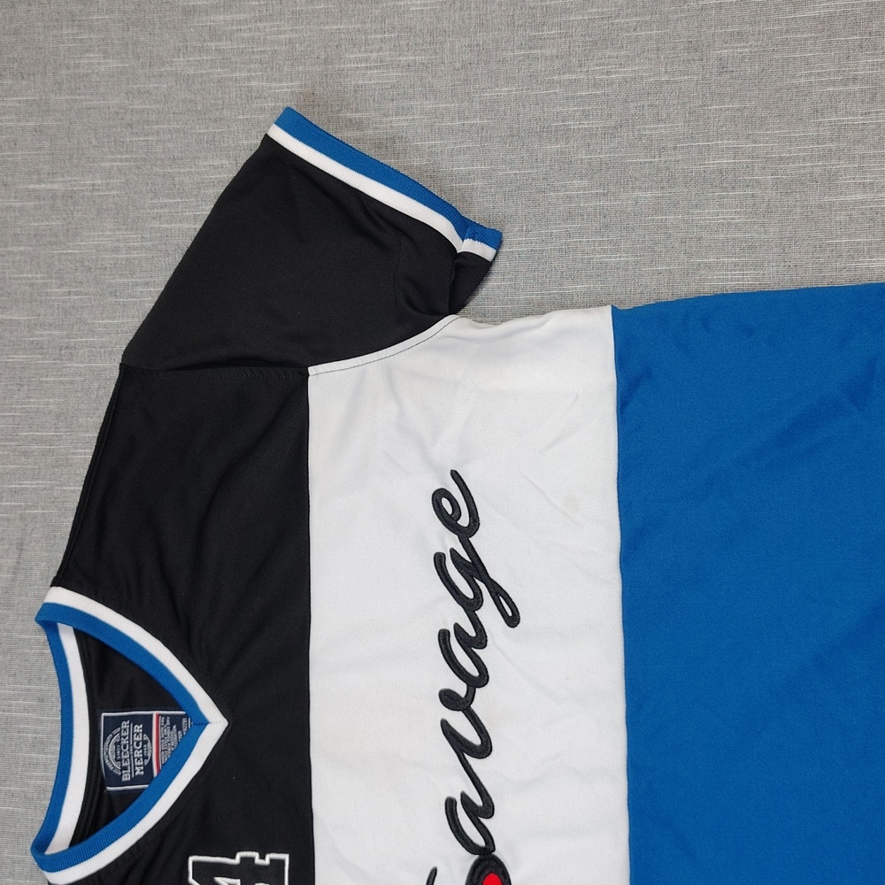 Bleecker Mercer Savage Jersey Shirt Size Large Blue White Black Spell Out - Picture 6 of 11
